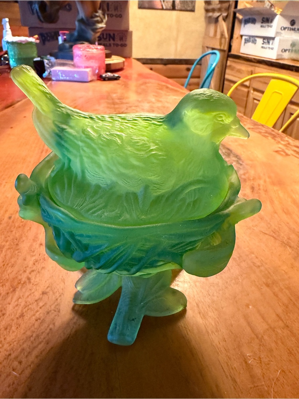 WESTMORELAND vintage perfect condition satin green glass Bird on a nest